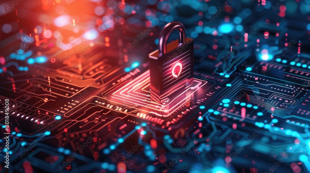 Poster 3d rendering of a cyber security concept with a padlock icon on a circuit board background