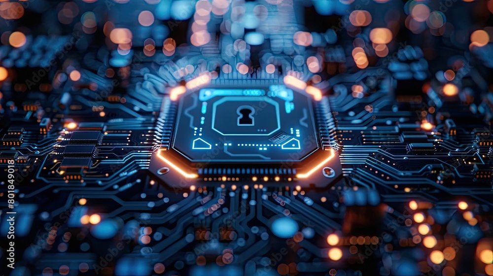 Poster high tech futuristic background with a glowing circuit board pattern and a glowing lock symbol in th