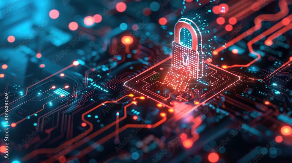 Aufkleber cyber security digital protection technology concept in the style of lock symbol on circuit board ba