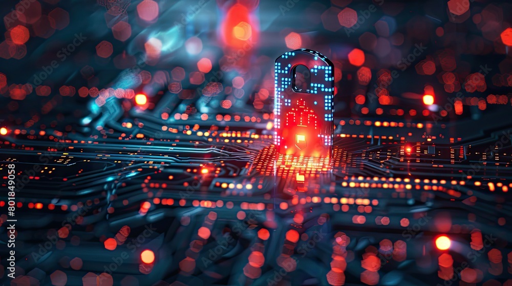 Poster 3d rendering of the padlock symbol on top of an electronic circuit board with glowing red lights and