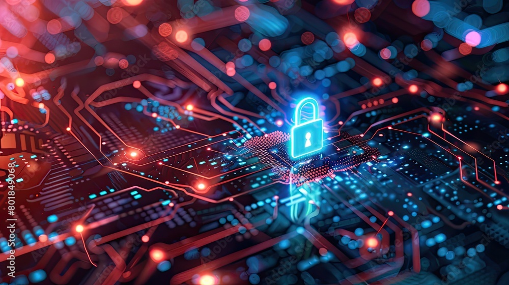 Aufkleber digital security concept with a lock symbol on a circuit board background, using blue and red colors