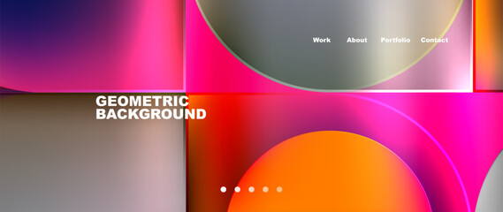 A vibrant geometric background featuring circles and squares in shades of magenta and electric blue, inspired by macro photography and automotive lighting, with a liquidlike material property