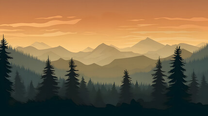 Pine Forest Sunrise, Pine Trees Silhouette, Realistic Mountains Landscape. Vector Background