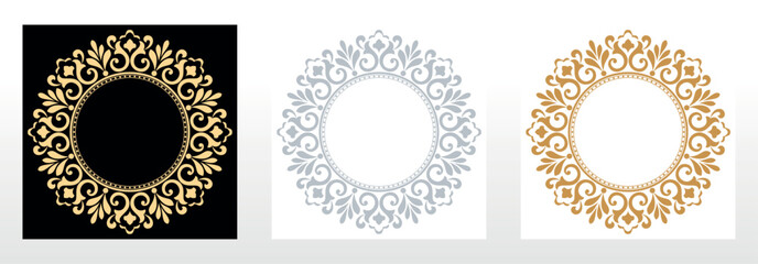 Set of decorative frames Elegant vector element for design in Eastern style, place for text. Floral black, golden and gray borders. Lace illustration for invitations and greeting cards