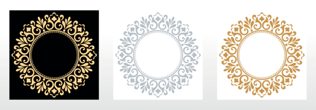 Set of decorative frames Elegant vector element for design in Eastern style, place for text. Floral black, golden and gray borders. Lace illustration for invitations and greeting cards