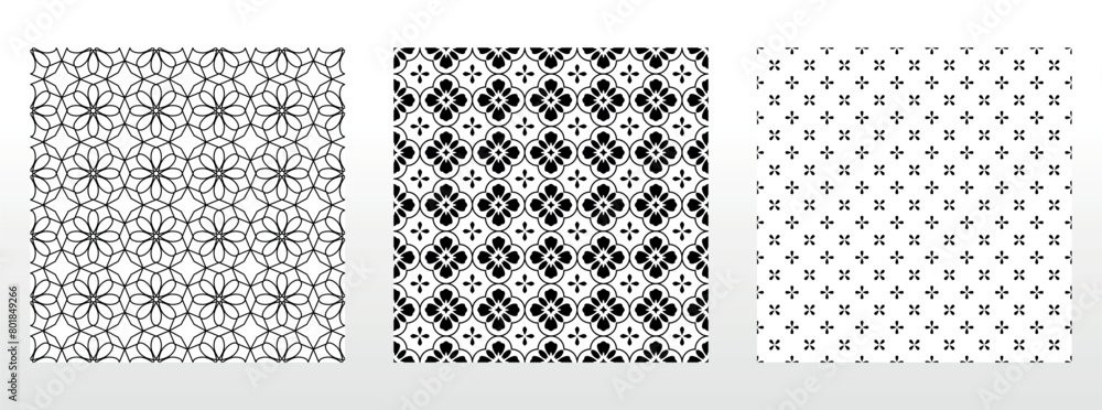 Aufkleber geometric floral set of seamless patterns. white and black vector backgrounds. damask graphic orname