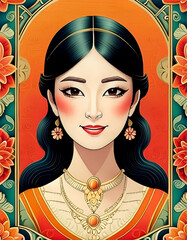 Greeting Card Design with a portrait of a woman. Mother's Day Card. Copy space.