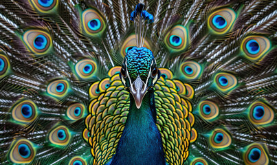 Elegant peacock with vibrant feathers fanned out in a serene forest at dusk. Generate AI
