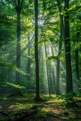 Obraz premium Sunlit Forest Clearing with Beams., International Sun Day, the importance of solar energy, Sun’s contributions to life on Earth.