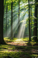 Sunlit Forest Clearing with Beams., International Sun Day, the importance of solar energy, Sun’s contributions to life on Earth.