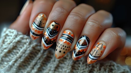 Intricately Designed Tribal Nail Art with Metallic Accents