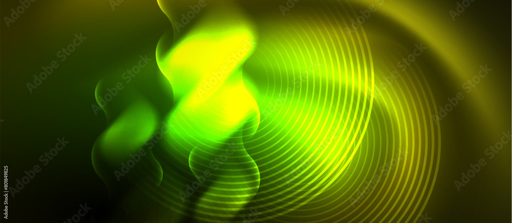 Poster a closeup, macro photograph of a blurry image capturing a green and yellow wave pattern resembling t