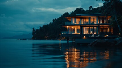 Obraz premium Resort hotel mansion at seaside tranquil ocean sea at night lights reflect on water tropical forest in background