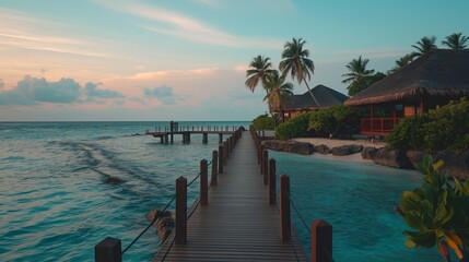Wooden walk path way of resort hotel on ocean tranquil seaside clear water sunset blue sky white clouds horizon