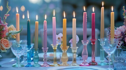 A collection of elegant taper candles in various jewel tones casting a romantic aura over a dinner table.