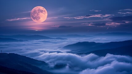 Full moon in midnight warm lights shine on sea of clouds on mountain range
