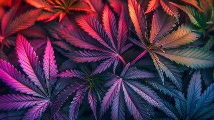 Colorful cannabis leaves in vibrant gradient spectrum psychedelic neon effect art . Concept Psychedelic art, Cannabis leaves, Vibrant colors, Neon effect, Gradient spectrum