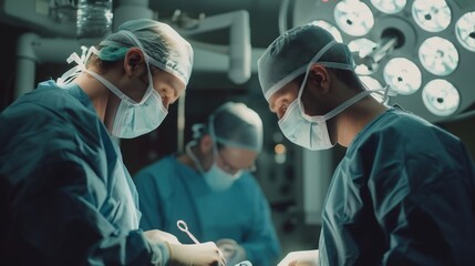 Three doctors with scrub caps medical gowns mask in operation room lights in background
