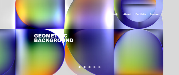 A vibrant geometric background featuring circles and squares in shades of electric blue, violet, and iris, resembling a liquid sky