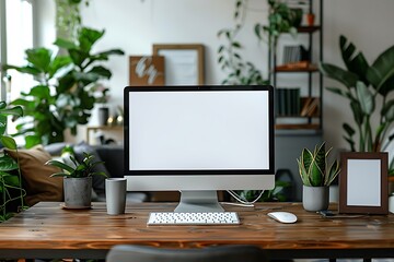 Photo of computer laptop and computer monitor with white blank screen putting on wooden working desk that surrounded by graphic designer equipment over white living room wall as background