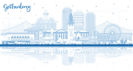 Outline Gothenburg Sweden City Skyline with Blue Buildings and reflections. Gothenburg Cityscape with Landmarks. Travel and Tourism Concept with Historic Architecture.