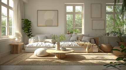 Minimalist Living Room : A 3D illustration highlighting a minimalist living room