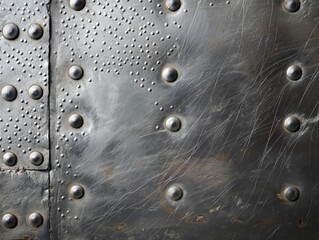 Close-up of textured metallic surface with riveted seams and scratch marks.