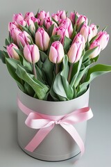 Pink Tulips Arranged in a Grey Hatbox Tied With a Satin Ribbon