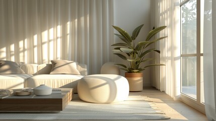 Minimalist Living Room Simple Furnishings: A 3D illustration showcasing a minimalist living room with simple furnishings