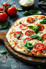 Delicious Homemade Margherita Pizza Topped With Fresh Basil and Tomatoes on a Wooden Table