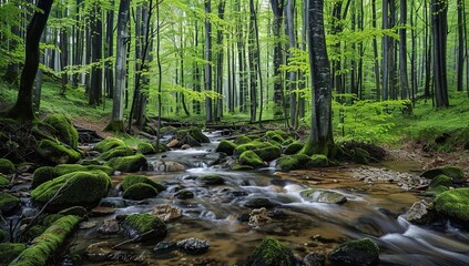 Beautiful forest with green trees and rocks in the stream