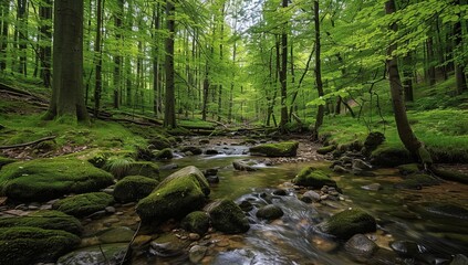 Fototapeta na wymiar Beautiful forest with green trees and rocks in the stream