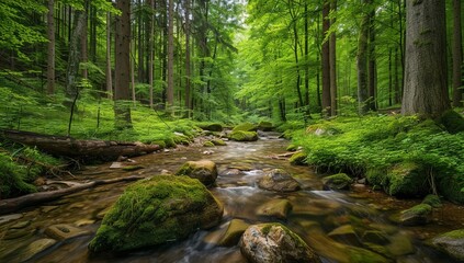 Obraz premium Beautiful forest with green trees and rocks in the stream