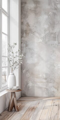 Serene minimalist interiors in neutral tones. Interior design composition with minimal furniture.
