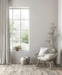 Serene minimalist interiors in neutral tones. Interior design composition with minimal furniture.