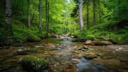 Obraz premium Beautiful forest with green trees and rocks in the stream