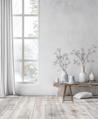Serene minimalist interiors in neutral tones. Interior design composition with minimal furniture.