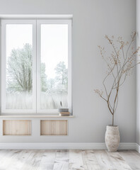 Serene minimalist interiors in neutral tones. Interior design composition with minimal furniture.