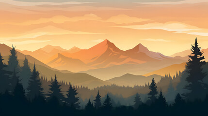 Mountain Morning Glow, Mountain Silhouettes, Realistic Mountains Landscape. Vector Background