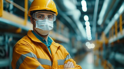 Industrial worker in high visibility clothing and safety gear standing confidently in a warehouse, Concept of labor and workplace safety.
