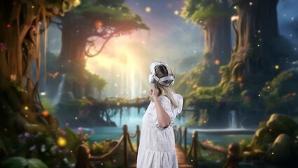 Woman turning around looking through VR in fairytale forest in bokeh neon light falling with wooden...