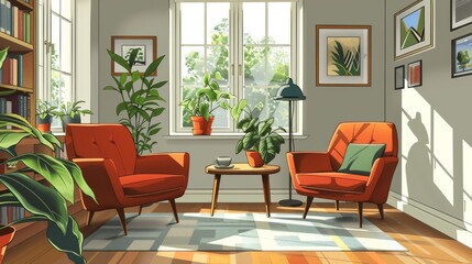 Small Living Room Space-Saving Furniture: An illustration of a small living room with space-saving furniture