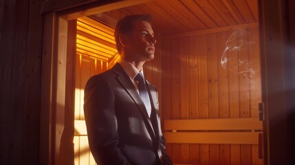 A man in a business suit steps out of the sauna refreshed and invigorated for his upcoming highstress presentation..