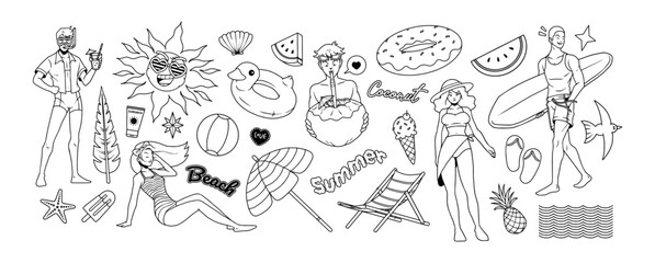 Set of summer time illustration, hand drawn lines cartoon, black&white, summer elements, vector, beach, human, people, watermelon, Surfboard, ice cream, sun, coconut, beach umbrella, hello summer