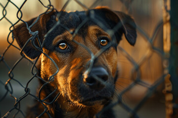Aggressive dog at fence, blurred foreground, focus on glaring eyes, dusk lighting, suspenseful, thriller-like photo style