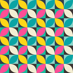 Vector bright summer seamless pattern assembled from squares with geometric ornaments. Vector endless background in modern style