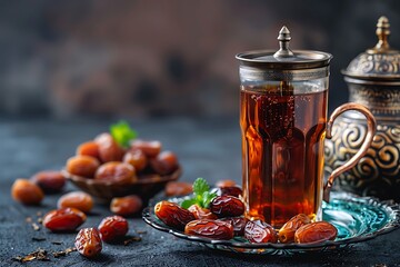 Ramadan food and drinks concept. Ramadan tea and dates fruits on dark background - Powered by Adobe