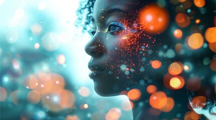 A double exposure of an African American woman's face and digital data streams, symbolizing the integration between human skills with AI technology in advertising