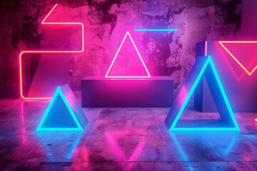 Geometry Neon lights in the room. Game symbols icons on neon background. triangle square circle. Flickers. 3d