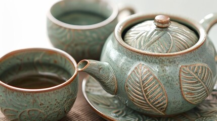 A natureinspired ceramic tea set featuring a beautiful green glaze and handcarved leaf motifs bringing a sense of serenity and tranquility to tea time..